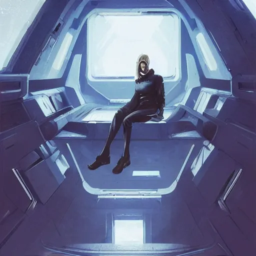 Image similar to concept art by greg rutkowski, a very tall, and slender blonde woman, wearing blue utilitarian jumpsuit, sitting in the spaceship command bridge, brutalist futuristic interior, dark lighting atmosphere, detailed portraits, nostalgic atmosphere, scifi, digital painting, artstation, concept art, smooth, sharp foccus ilustration, artstation hq