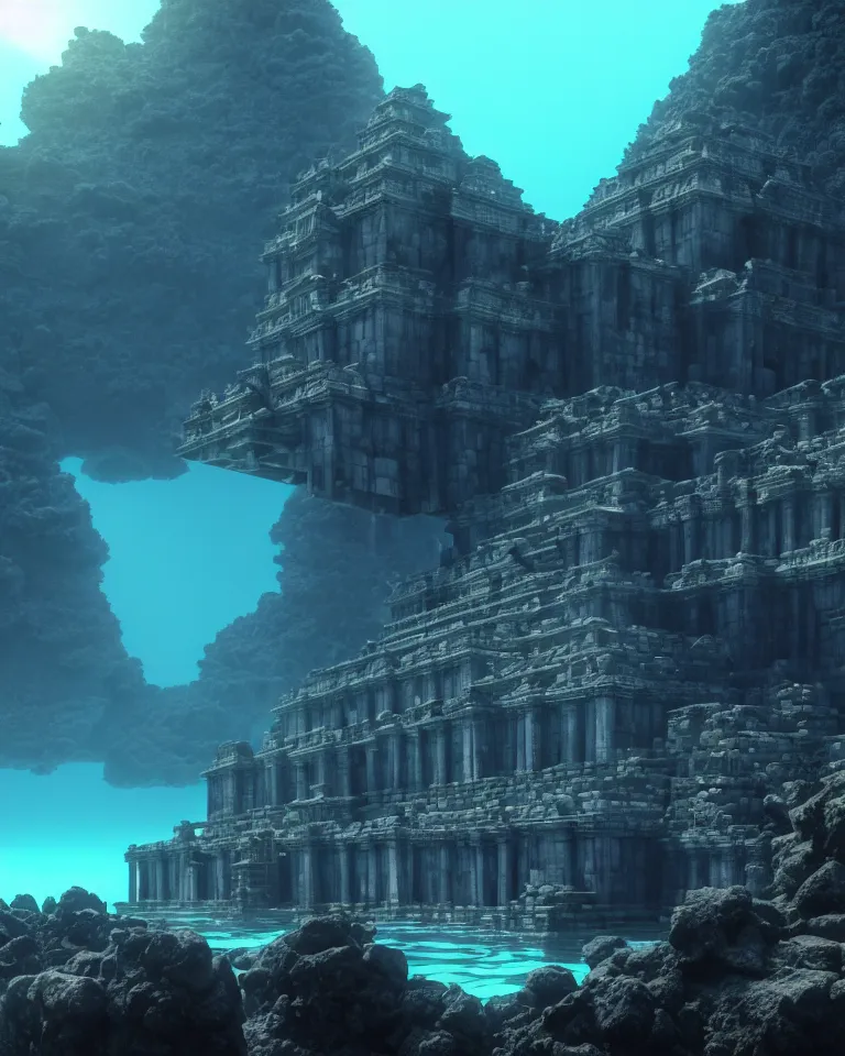 Image similar to ultrawide shot of submerged pre - incan temple, anime style mixed with fujifilm, dark, underwater, symmetrical, bubbles, abyss, dark, murky, foggy, atmospheric, crepuscular rays, artstation, cgsociety, octane render, cgi, unreal engine 5, denoise, detailed, cinematic masterpiece