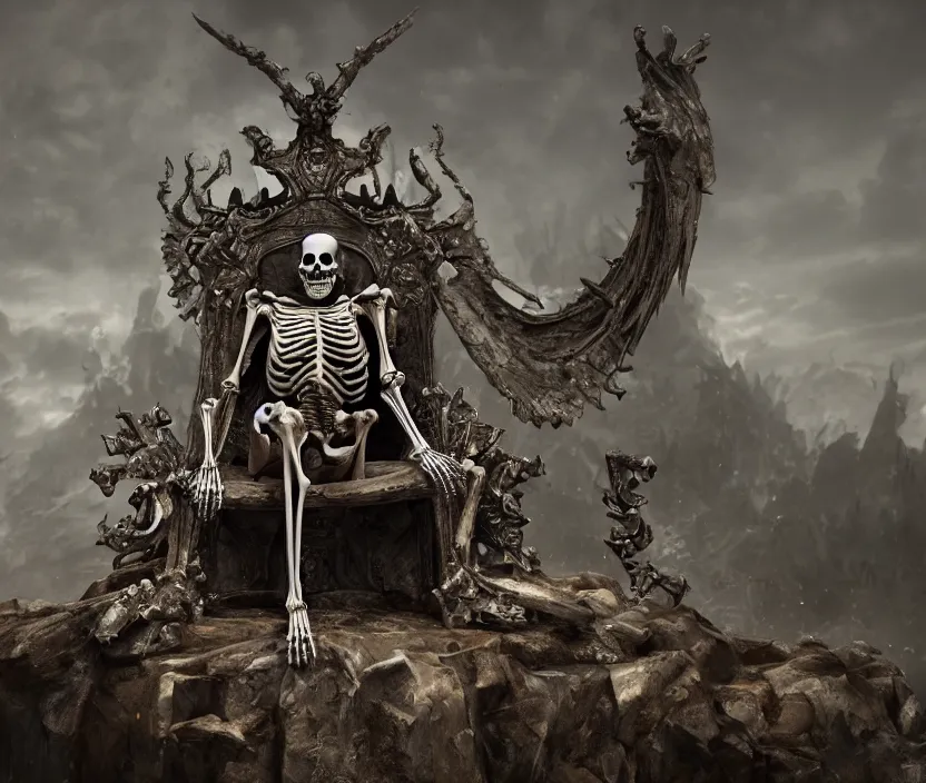 Prompt: a singular skeleton king sitting on a dark throne on the top of a mount of bones, digital art, trending on DeviantArt, highly detailed, high quality, 8K HDR, octane render, unreal engine 5, raytracing, cinematic lighting, concept art, dramatic environment, hyperrealistic