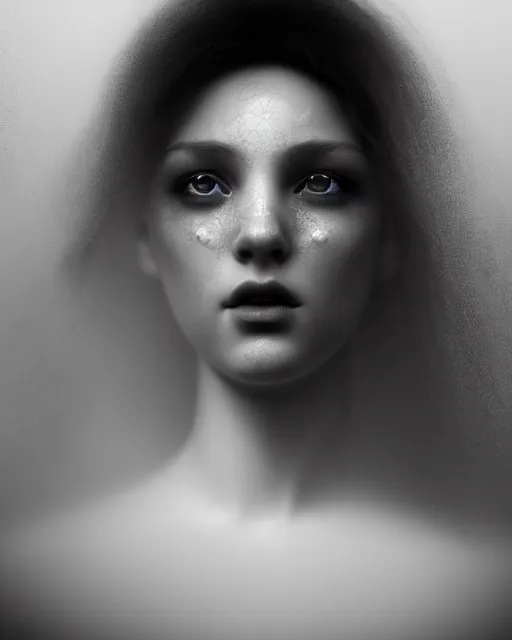 Prompt: monochrome, dreamy, subsurface scattering, white, young beautiful goddess in cosmos with very long white hair floating in air, fluid smoke art, black and white, octane render, dino valls, mark ryden, joe fenton, michal karcz, highly detailed, rim light, art, cinematic lighting, very coherent, hyper realism, 8 k