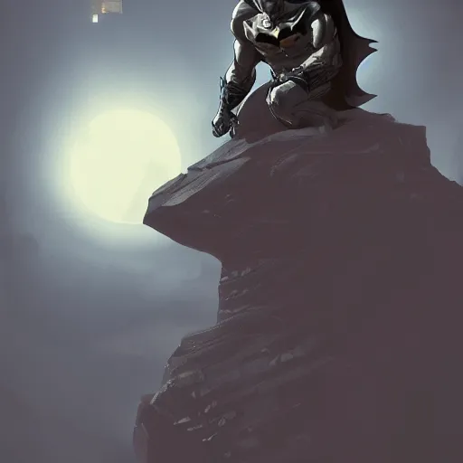 Image similar to batman sitting on a stone gargoyle looking down on gotham, comic book, illustration, night, mysterious, cinematic, hyperdetailed, artstation trending