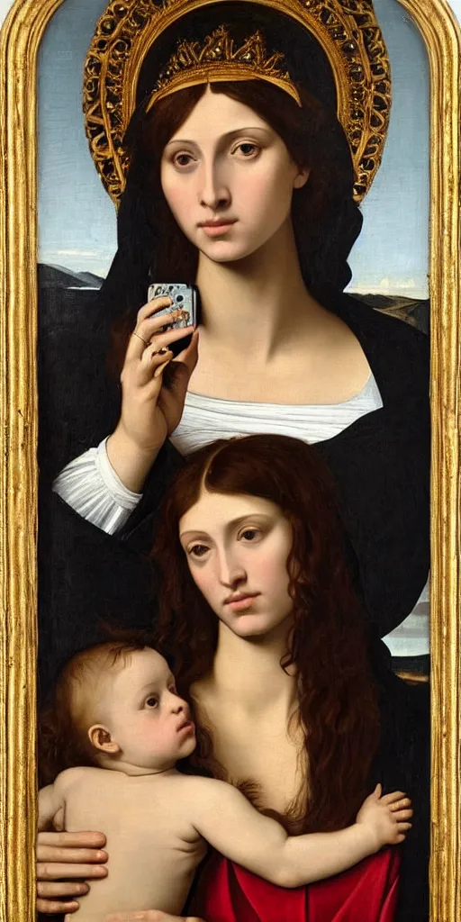 Prompt: a Pre-Raphaelite painting by Caravaggio of Kim Kardashian as the Virgin Mary, Catholic icon, halo, ornate, gilded, holding an iphone