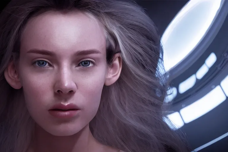 Image similar to VFX movie of a futuristic space woman model gorgeous portrait in future spaceship, beautiful natural skin natural lighting by Emmanuel Lubezki