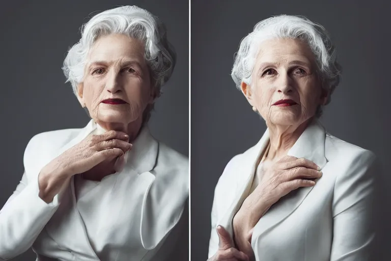 Prompt: a realistic studio cinematic headshot portrait of an old beautiful woman on top of skyscaper, wearing futuristic white suit, ceo, 4 k, ultra realistic, dramatic lighting, rain, clouds, fog, vogue, fashion, magazine spread, by annie leibovitz