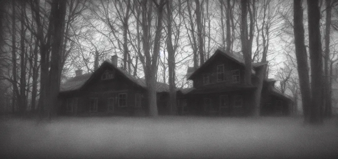 Prompt: house in the wood, pack of black wolves, pinhole analogue photo quality, monochrome, blur, unfocus, cinematic, 35mm