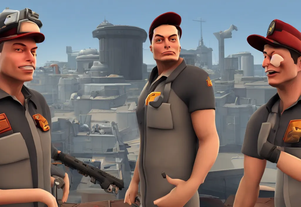 Image similar to elon musk in team fortress 2, elon musk in the video game team fortress, gameplay screenshot, close up, 3 d rendering. unreal engine. amazing likeness. very detailed.