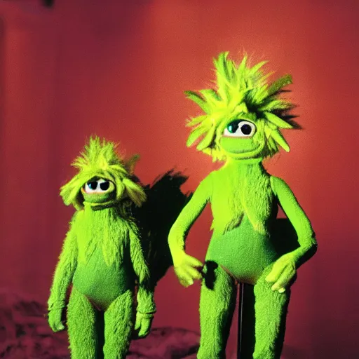 Image similar to 1 9 7 6 synthetic fur monsters with large eyes, cinematic movie scene, inspired by the movie the fifth element and'fraggle rock'