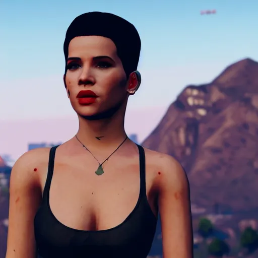 Prompt: pop singer Halsey in GTA V, 4k