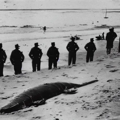 Image similar to 1940s photo, long shot, 5 soldiers looking at a huge creature washed up on a beach