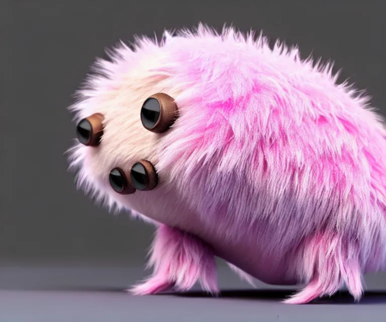 Image similar to high quality 3 d render hyperrealistic very cute small tardigrade, plush mascot, short spiky dense fluffy smooth hair, photo from the side, pink fluffy fur, 1 5 0 mm, beautiful natural soft light, rim light, vray, smooth background, artstation, ultra detailed