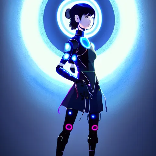 Prompt: a beautiful! bjork model, wearing futuristic cyber leather dress with glowing blue led lights, jrpg aztec street fashion, gapmoe yandere grimdark, trending on pixiv fanbox, painted by greg rutkowski makoto shinkai takashi takeuchi studio ghibli, akihiko yoshida