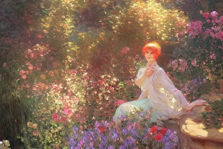 Image similar to a beautiful painting of a garden, ray of light, warm, shimmering and prismatic, rococo, by krenz cushart and mucha and monet, trending on artstation.