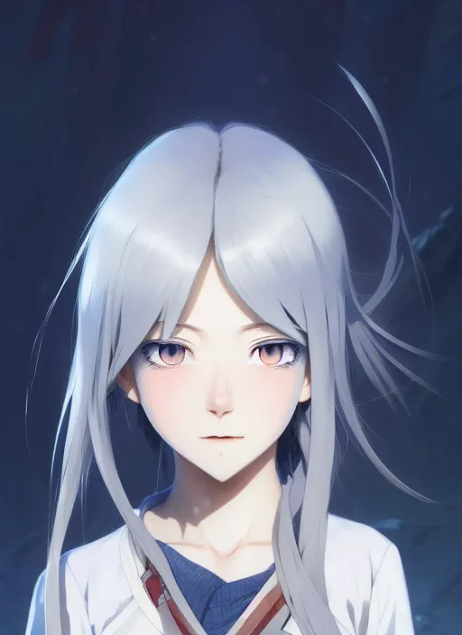 Image similar to a full body portrait of a japanese gray hair, adventurer young lady, with white hair and bangs!!!!, blue eyes, finely detailed features, closeup at the faces, perfect art, gapmoe yandere grimdark, trending on pixiv fanbox, painted by greg rutkowski makoto shinkai takashi takeuchi studio ghibli, akihiko yoshida,