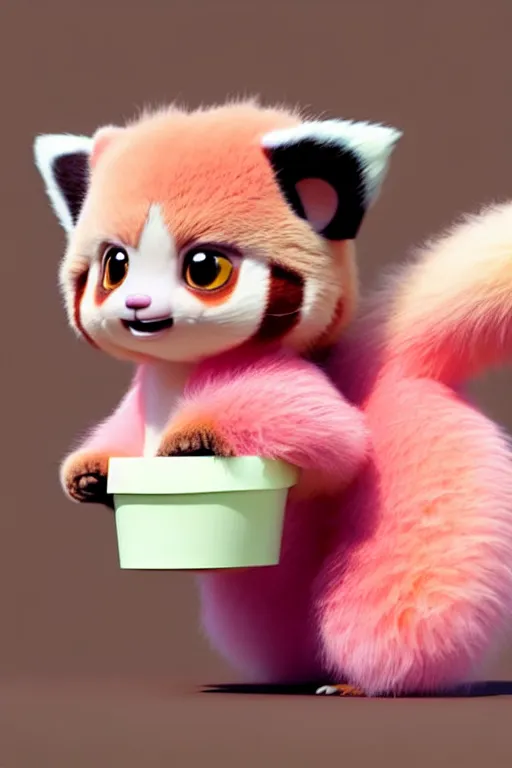 Image similar to high quality 3 d render hyperrealist very cute pastel fluffy! red panda & tarsier hybrid eating giant ice cream full body, vray smooth, in the style of detective pikachu, hannah yata charlie immer, very dramatic pink light, low angle, uhd 8 k, shallow depth or field