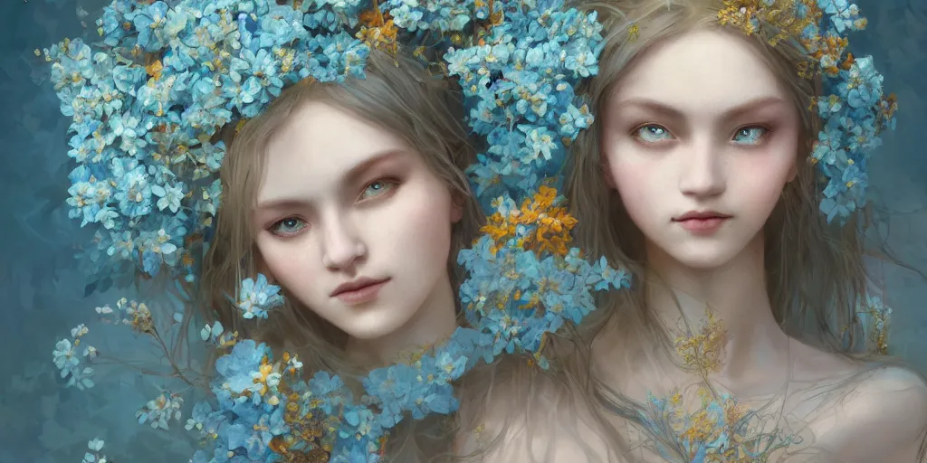 Image similar to breathtaking detailed concept art painting portrait of the hugs goddess of light blue flowers, carroty hair, orthodox saint, with anxious piercing eyes, ornate background, amalgamation of leaves and flowers, by hsiao - ron cheng, extremely moody lighting, 8 k