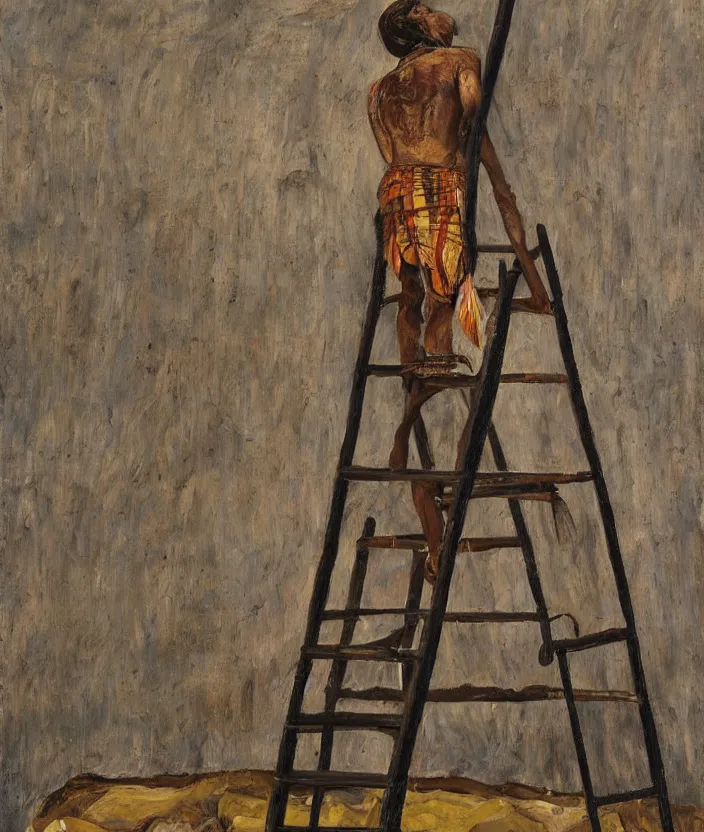 Prompt: indigenous man going up a ladder, painted by lucian freud, hd, super detailed, realistic, muted colors