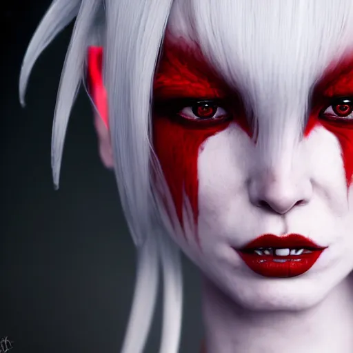 Image similar to a highly detailed portrait of a humanoid demon girl with white hair, red horns, in white clothes, artstation, deviantart, professional, unreal engine 5, photorealistic