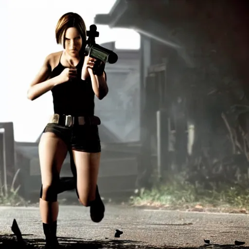 Prompt: Jill Valentine from Resident Evil running away from zombies.