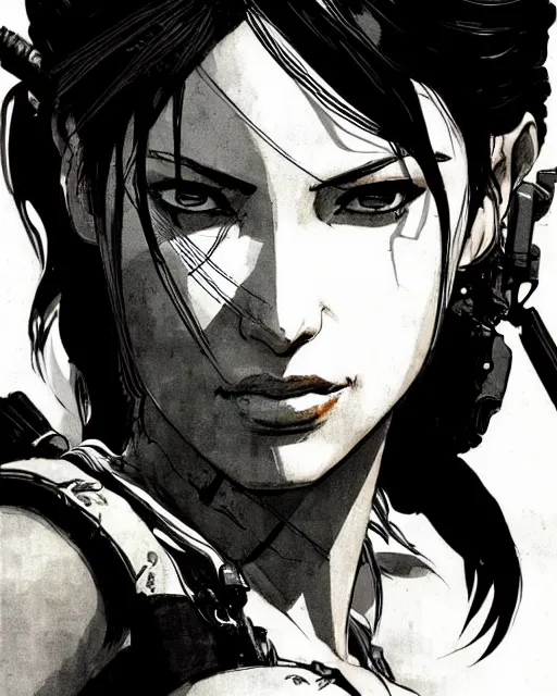 Image similar to lara croft, concept art, sumi - e style, artstation, trending, highly detailed, smooth, focus, art by yoji shinkawa