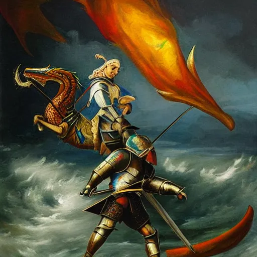 Prompt: very very very very beautiful painting of a knight fighting a dragon