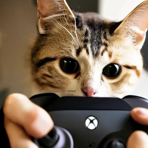 Image similar to cat playing xbox, photo, stock photography, gamer cat, controller, headset, highly detailed