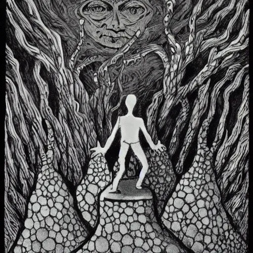 Image similar to rich details by allison bechdel. a beautiful land art of a small figure standing in the center of a dark, foreboding landscape. the figure is surrounded by strange, monstrous creatures, & there is a feeling of unease & dread.