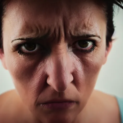 Prompt: first - person photograph of a furious woman, white space, 4 k, professional photography, extreme detail, realistic facial features, eye contact