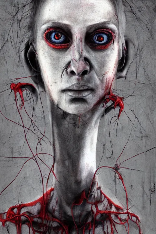 Image similar to surrealism crayon cartoon grunge portrait of a creepy horror nurse girl . intricate artwork. nightmare fuel. terrifying. by zdzisław Beksiński, wlop, dan mumford , trending on artstation, greg rutkowski very coherent symmetrical artwork. cinematic, hyper realism, high detail, octane render, 8k