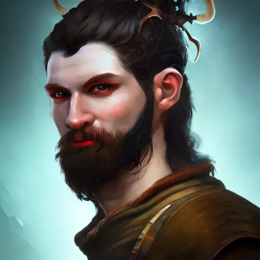 Prompt: an close up oil art portrait of young handsome pale pan, grim dark satyr warrior from gwent cards, young bard with music magic character design from rainbow six siege, 4 k, ultra detail, volumetric lighting, unreal engine, octane render