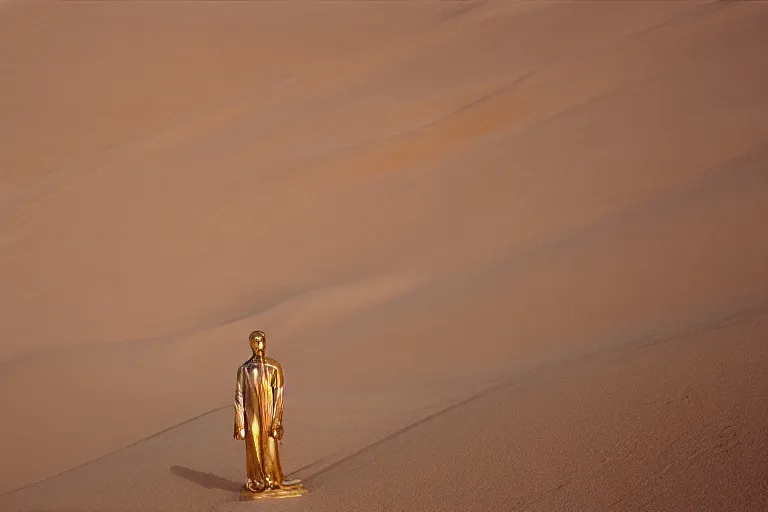 Image similar to Golden statue of Yung Lean in the middle of the Gobi Desert, award-winning photo, 35mm film