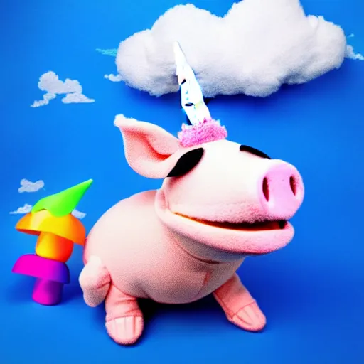 Image similar to studio photograph of a flying pig with unicorn horn depicted as a muppet in a blue sky with cotton ball clouds