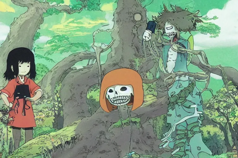 Image similar to chihiro ogino meets skelethor in an enchanted forest, studio ghibli