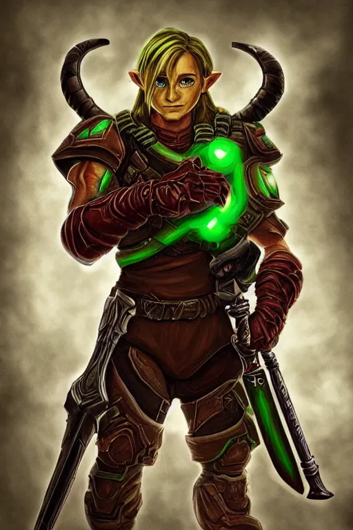 Image similar to an in game portrait of link from doom eternal, doom eternal art style.