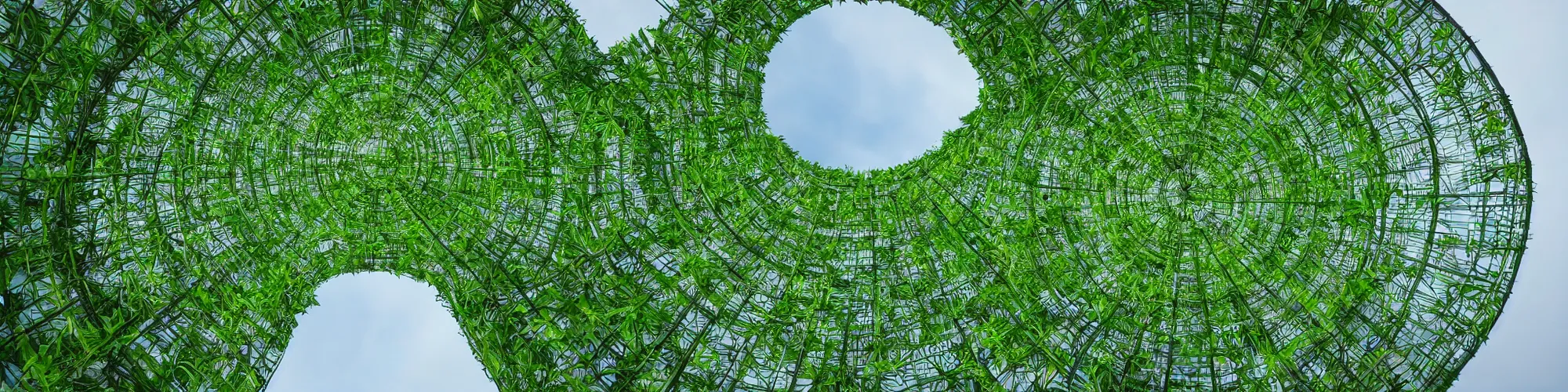 Prompt: wide shot of a vegetal green tower in the center of a very reflectivr water plan