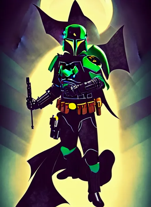 Image similar to batman x boba fett, digital art, character mashup, epic lighting, combination art