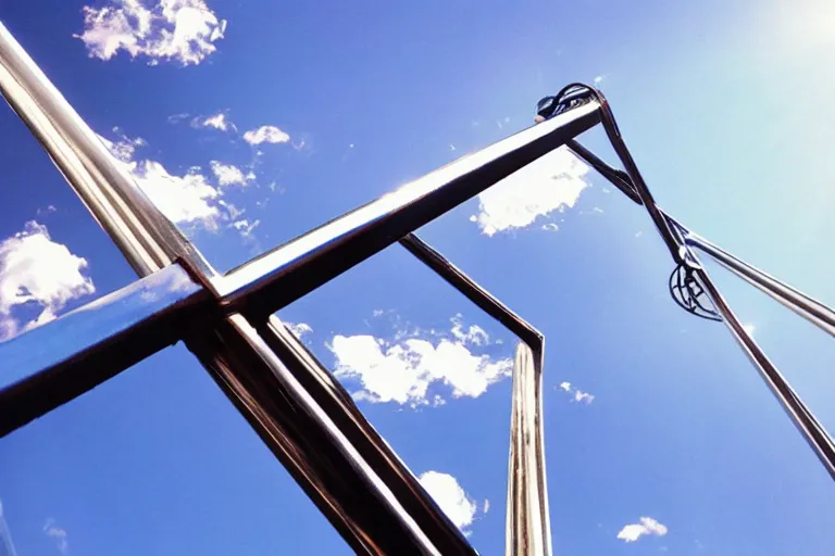 Image similar to shiny metal rails in blue sky, award winning cinematic still