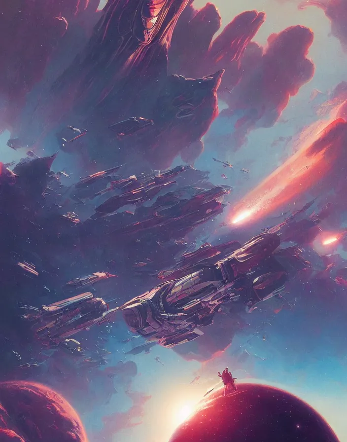 Image similar to Retro futuristic Sci-Fi poster by Moebius and Greg Rutkowski, Giant spaceship, nebulae, multicolored gas clouds