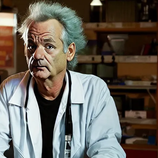 Image similar to Bill Murray playing Rick Sanchez, with spikey grey hair, and wearing a white lab coat, real-life action movie of Rick & Morty announced, poster art