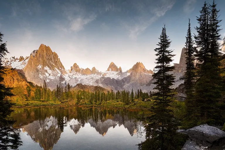 Image similar to photograph of mountains with a lake in front of them, trees on the side, rocks in foreground by marc adamus