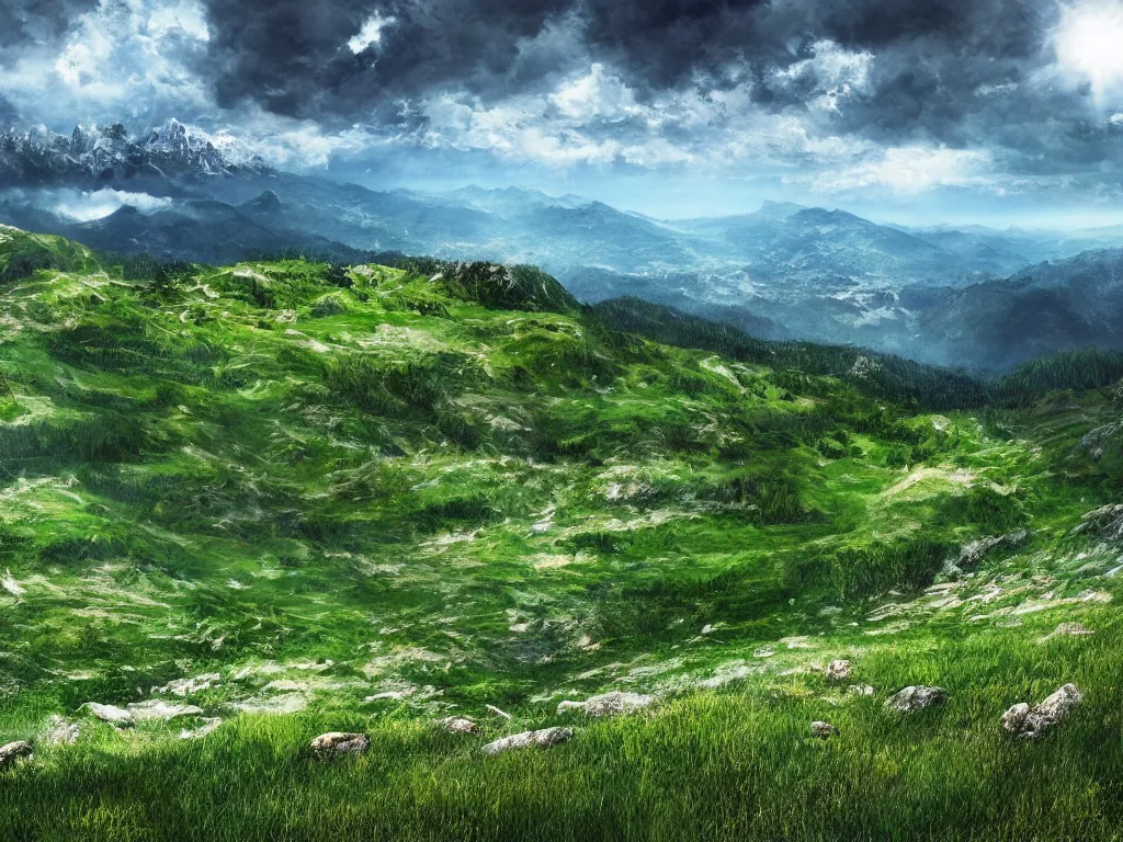 Prompt: realistic view from a mountaintop, high mountains, green meadow, alps, pyranees, digital painting, wallpaper, realistic lightning