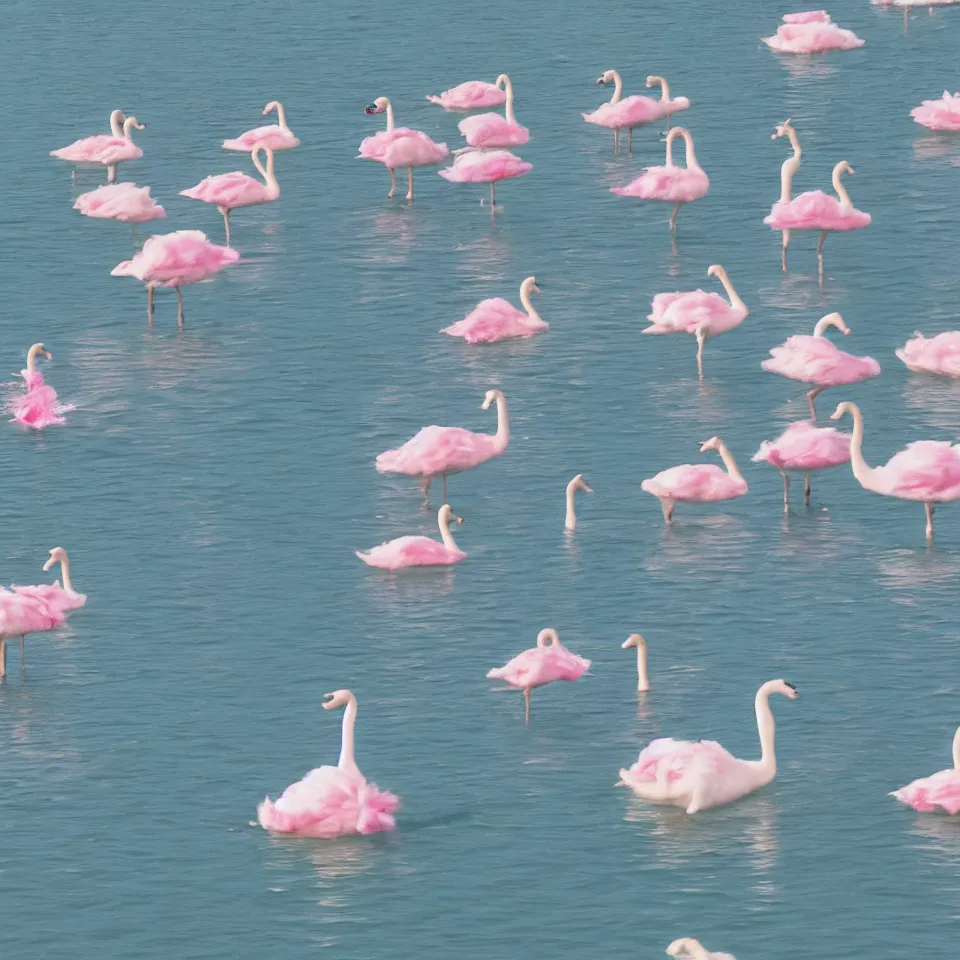 Prompt: A photograph of a cat with a human body wearing a summer dress walking on the surface of a lake surrounded by dancing pink swans