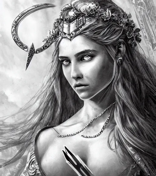 Image similar to beautiful aphrodite goddess wearing an arrow on her head, realistic face, beautiful eyes, black and white drawing, in the style of greg rutkowski, fantasy, amazing detail, epic, intricate, elegant, smooth, sharp focus