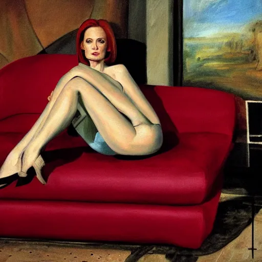 Prompt: dana scully on a chaise lounge, oil on canvas, highly detailed, masterpiece, art by rubens