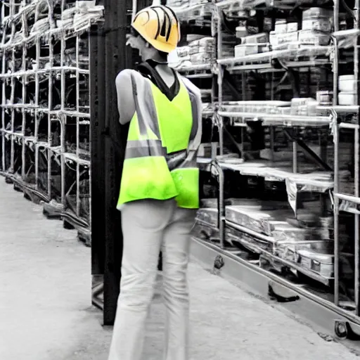 Prompt: photo, close up, emma watson in a hi vis vest, in warehouse, 2 0 0 8 android cameraphone, low contrast, 2 6 mm,