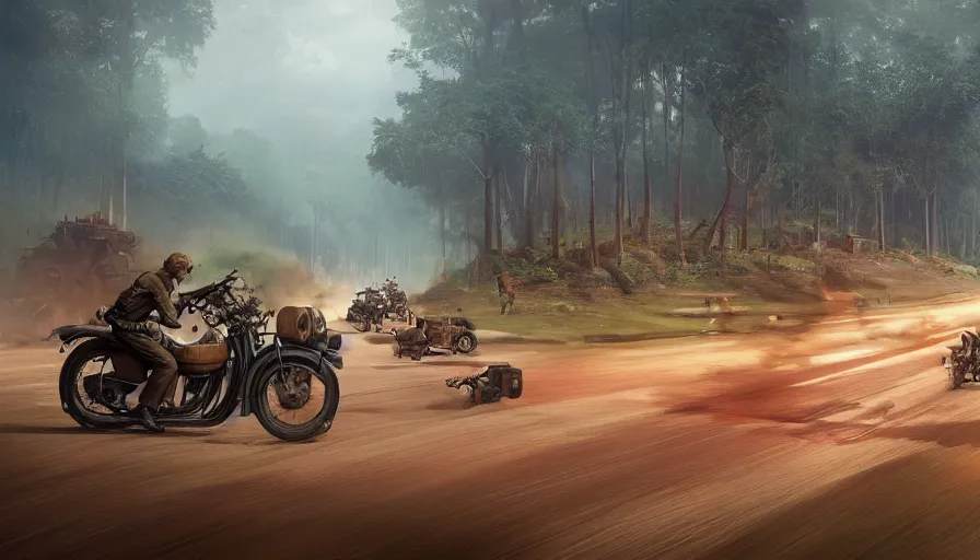 Prompt: a british officer driving a motorcycle at high speed in 1921 in kerala forest road, local people chasing to attack, furious action scene, chase, an epic fantasy, dramatic lighting, cinematic, establishing shot, extremely high detail, photorealistic, cinematic lighting, artstation, by simon stalenhag, shadow of the tomb rider