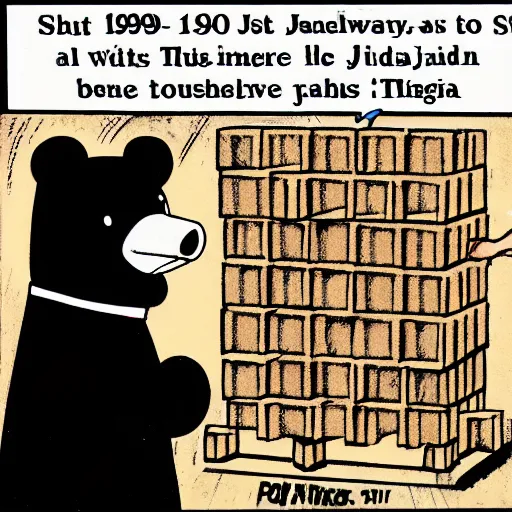 Image similar to 1 9 9 0 s political cartoon about a teddy bear playing jenga