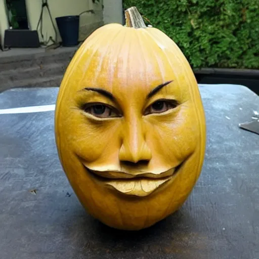 Image similar to a [ gourd ] carved shaped to look like ( amber heard ) face hybrid intercross