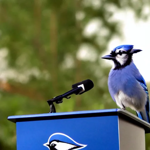 Prompt: bluejay giving a speech