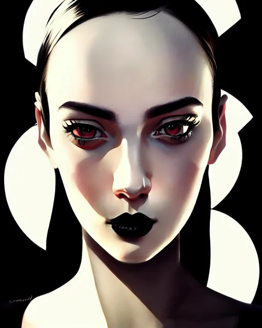 Image similar to stylized portrait by aykutmakut of an artistic pose, composition, young cute serious fancy lady with black paint in her face, cinematic moody colors, realistic shaded, fine details, realistic shaded lighting poster by ilya kuvshinov, magali villeneuve, artgerm, jeremy lipkin and michael garmash and rob rey