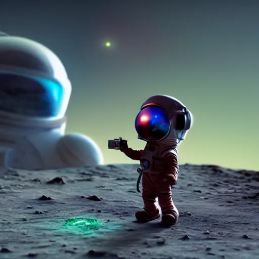 Prompt: tiny astronaut playing video game on mars, time machine, ice, bioluminescence, vegetation, colorful, rim light, highly detailed, tilt shift, digital painting, concept art, smooth, sharp focus, pleasing aesthetics, 3 d render, octane render, disney pixar, 4 k